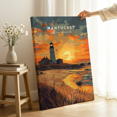 Nantucket Massachusetts lighthouse sunset travel poster wall art with coastal scenery and warm sky tones