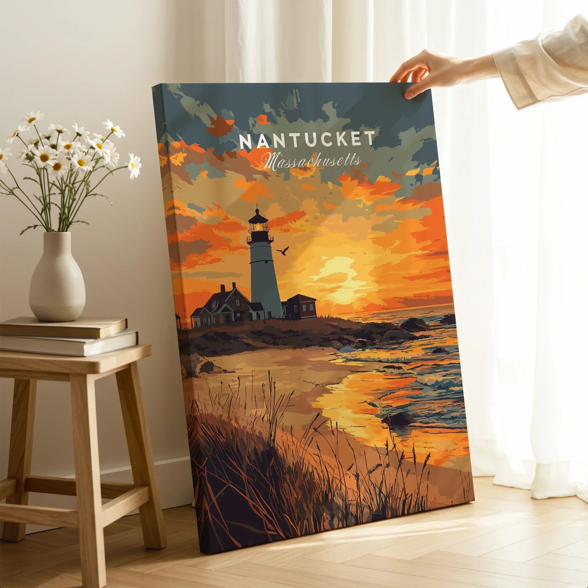 Nantucket Massachusetts lighthouse sunset travel poster wall art with coastal scenery and warm sky tones