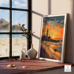 Nantucket Massachusetts lighthouse travel poster with sunset, beach, and coastal art for home decor