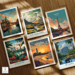 Framed travel posters of Venice, Paris, Scotland, Singapore, Nantucket, and Sri Lanka for wall art decor