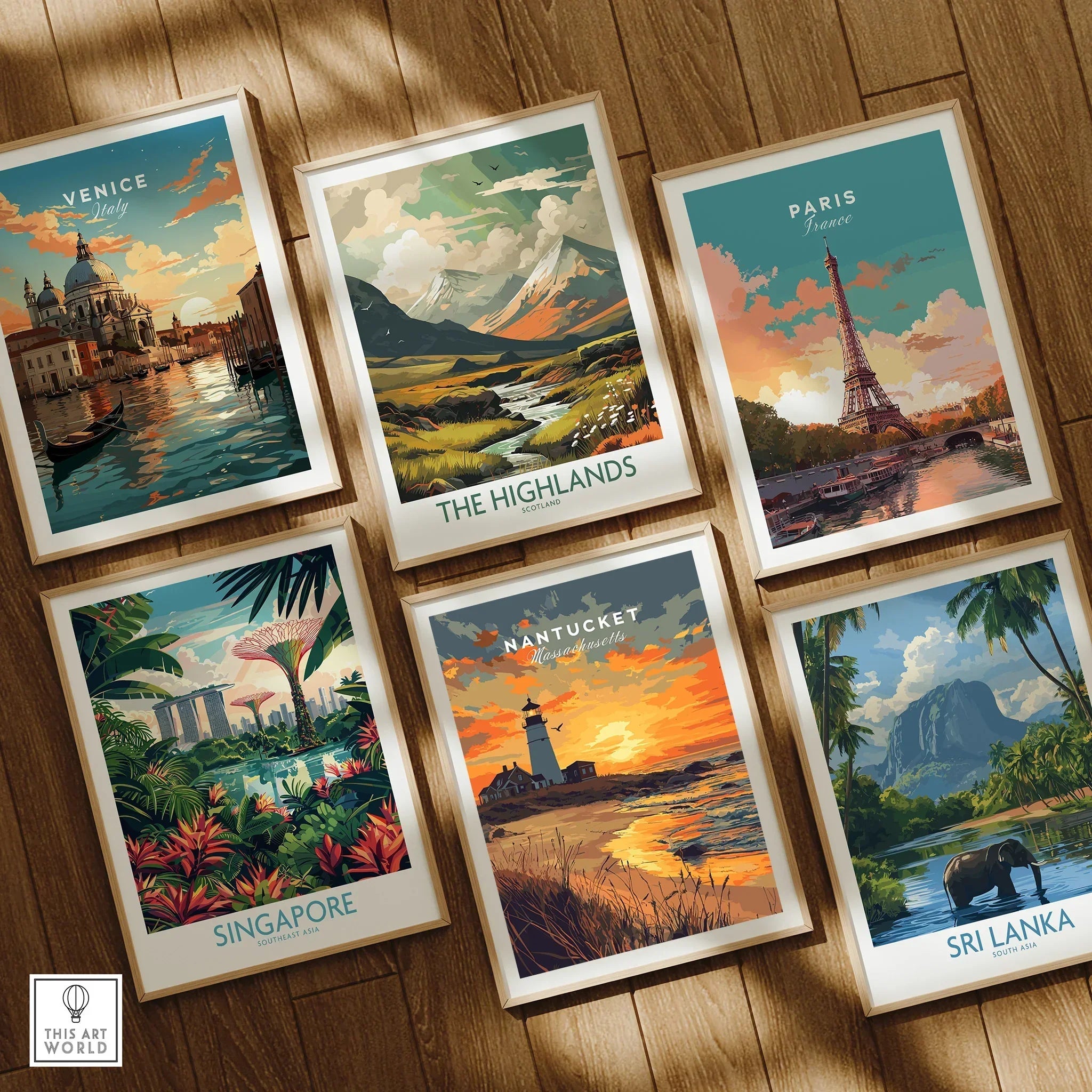 Framed travel posters of Venice, Paris, Scotland, Singapore, Nantucket, and Sri Lanka for wall art decor