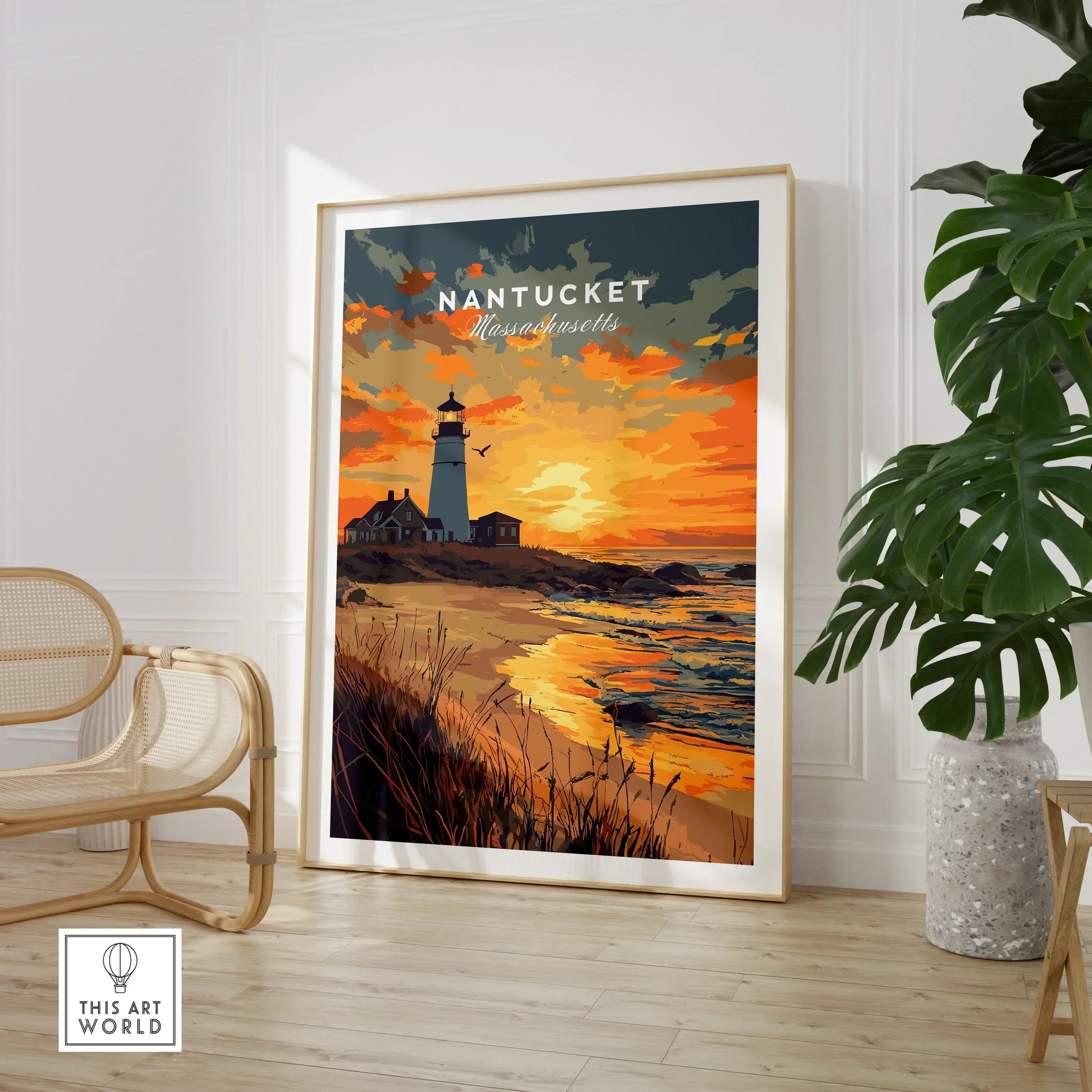 Nantucket Massachusetts travel poster with lighthouse sunset, beach art print for home decor