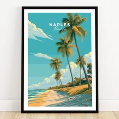 Naples Florida Beach Travel Poster — art print in black frame on wooden floor