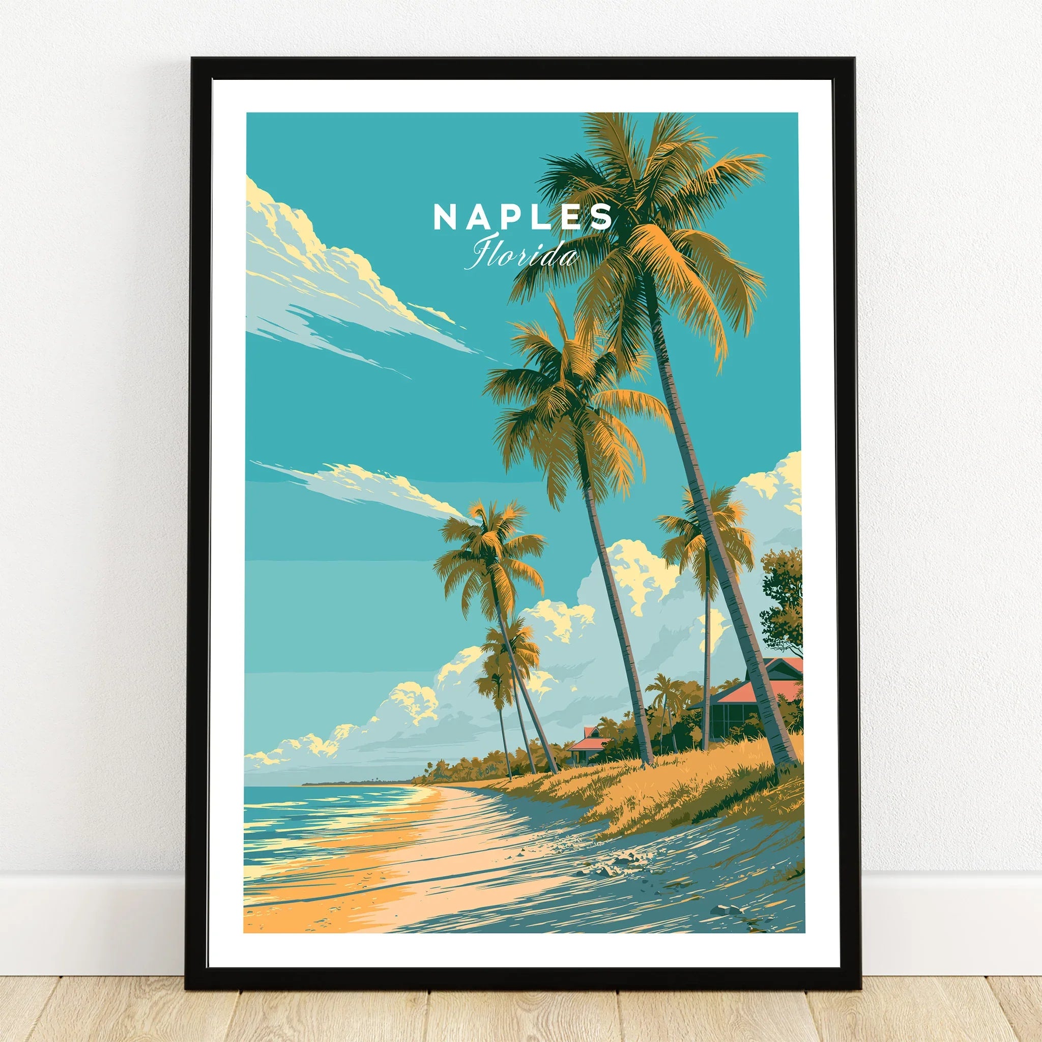 Naples Florida Beach Travel Poster — art print in black frame on wooden floor