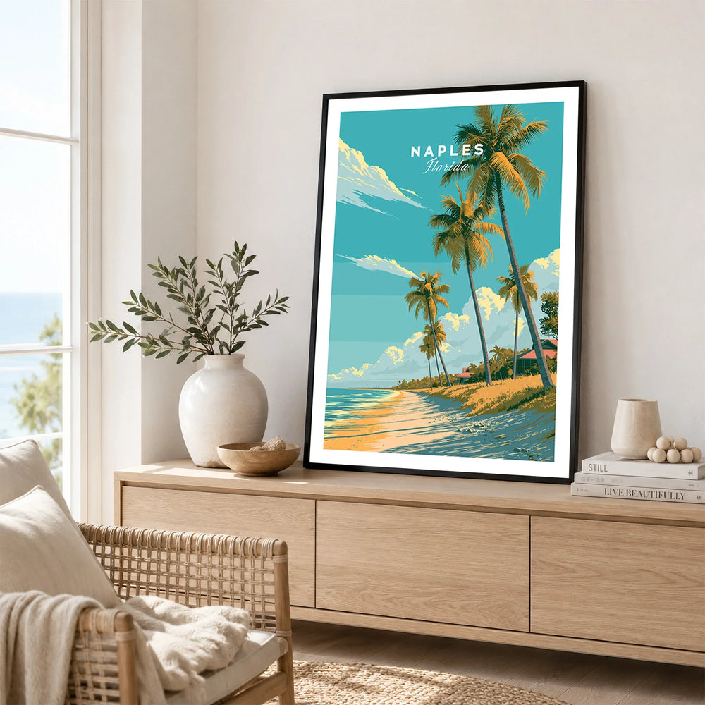 Naples Florida Beach Travel Poster — framed artwork living room lifestyle setting