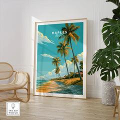 Naples Florida Beach Travel Poster — large framed print room setting chair plant
