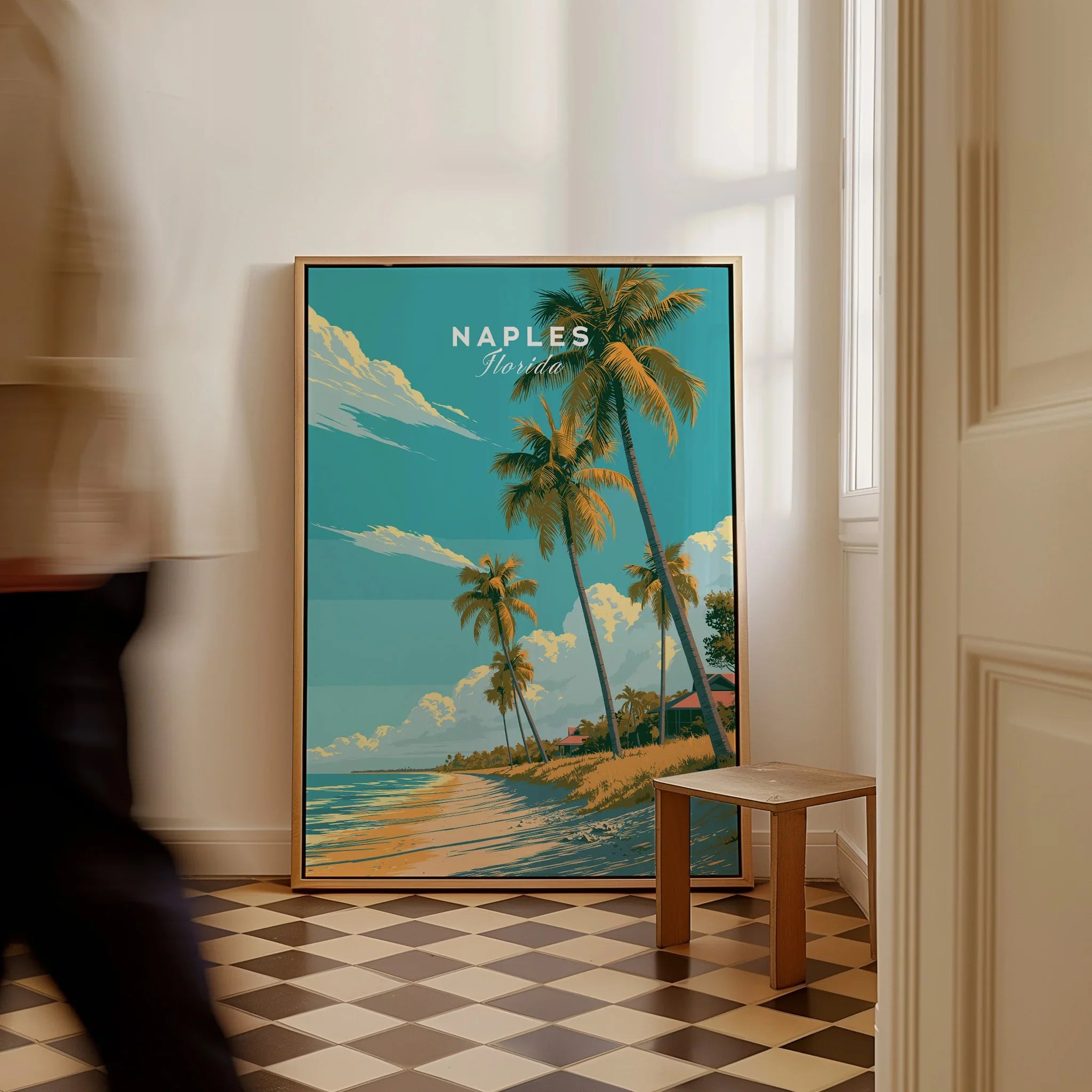 Naples Florida Beach Travel Poster — framed canvas on floor man walking past