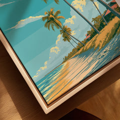 Naples Florida Beach Travel Poster — closeup framed canvas natural wood floating frame