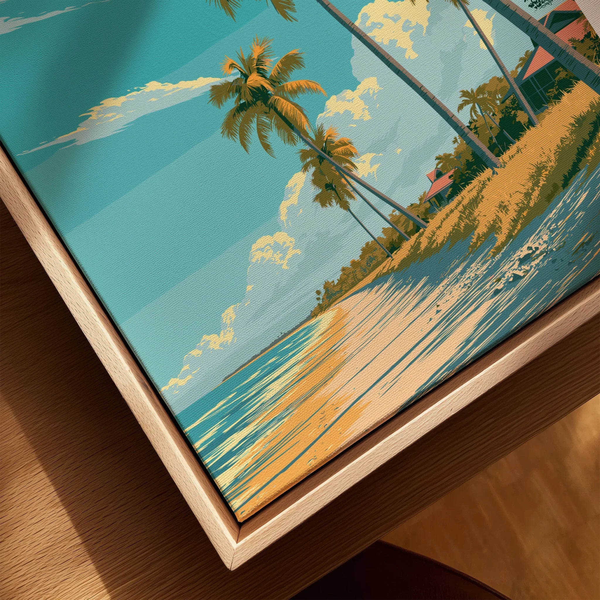 Naples Florida Beach Travel Poster — closeup framed canvas natural wood floating frame