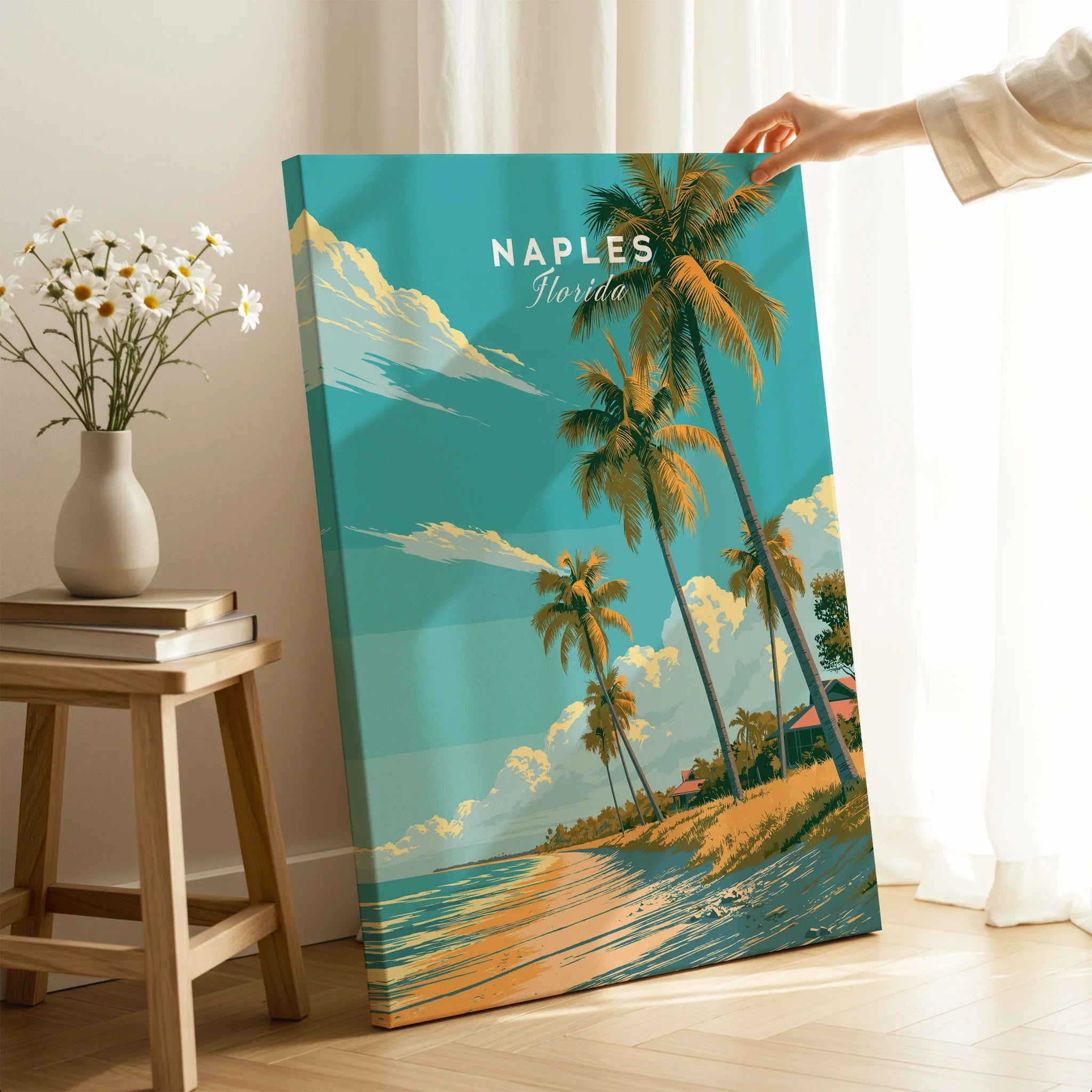 Naples Florida Beach Travel Poster — canvas print mirror edge hand holding room setting
