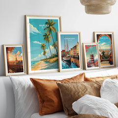 Naples Florida Beach Travel Poster — set five framed artprints above bed natural wood frames