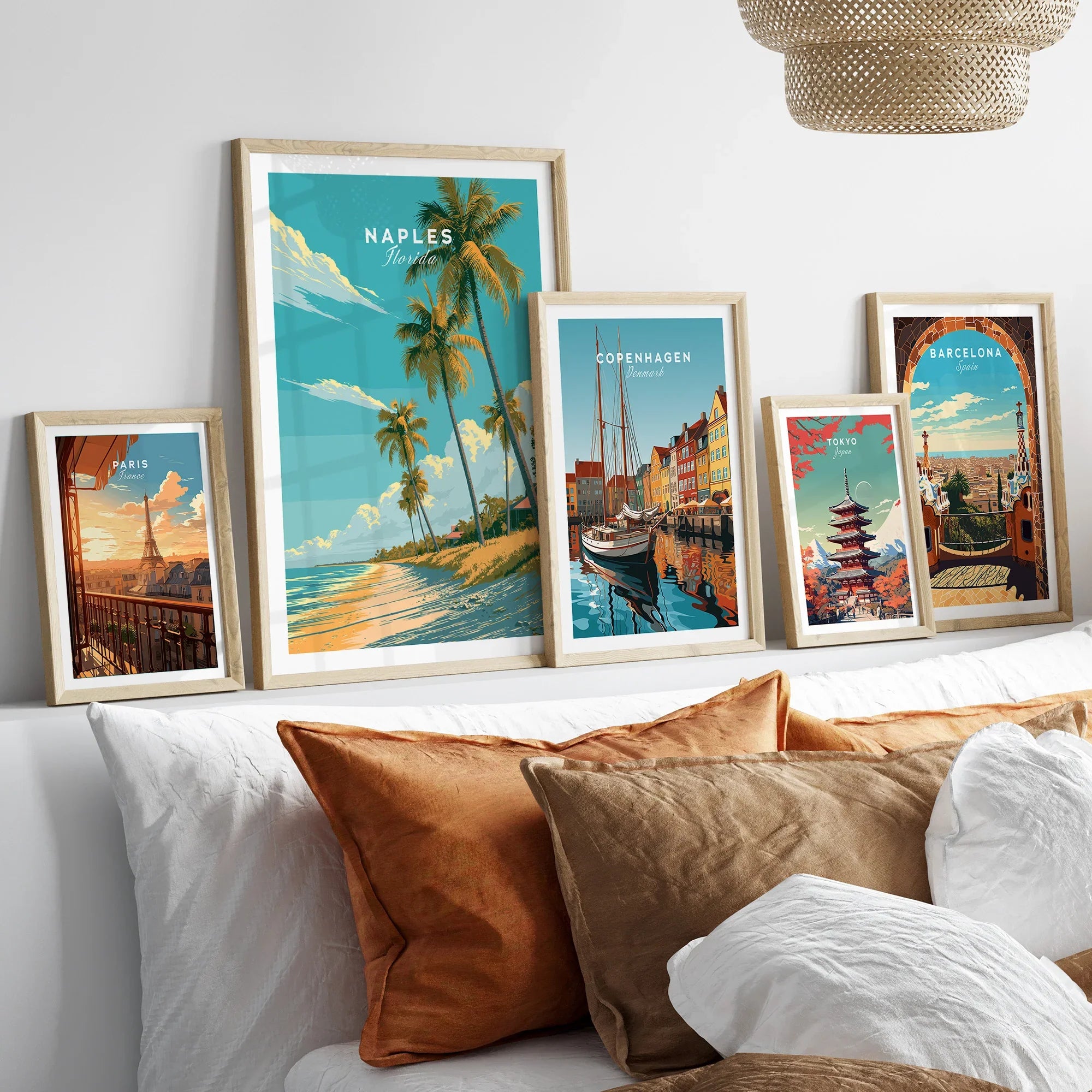 Naples Florida Beach Travel Poster — set five framed artprints above bed natural wood frames