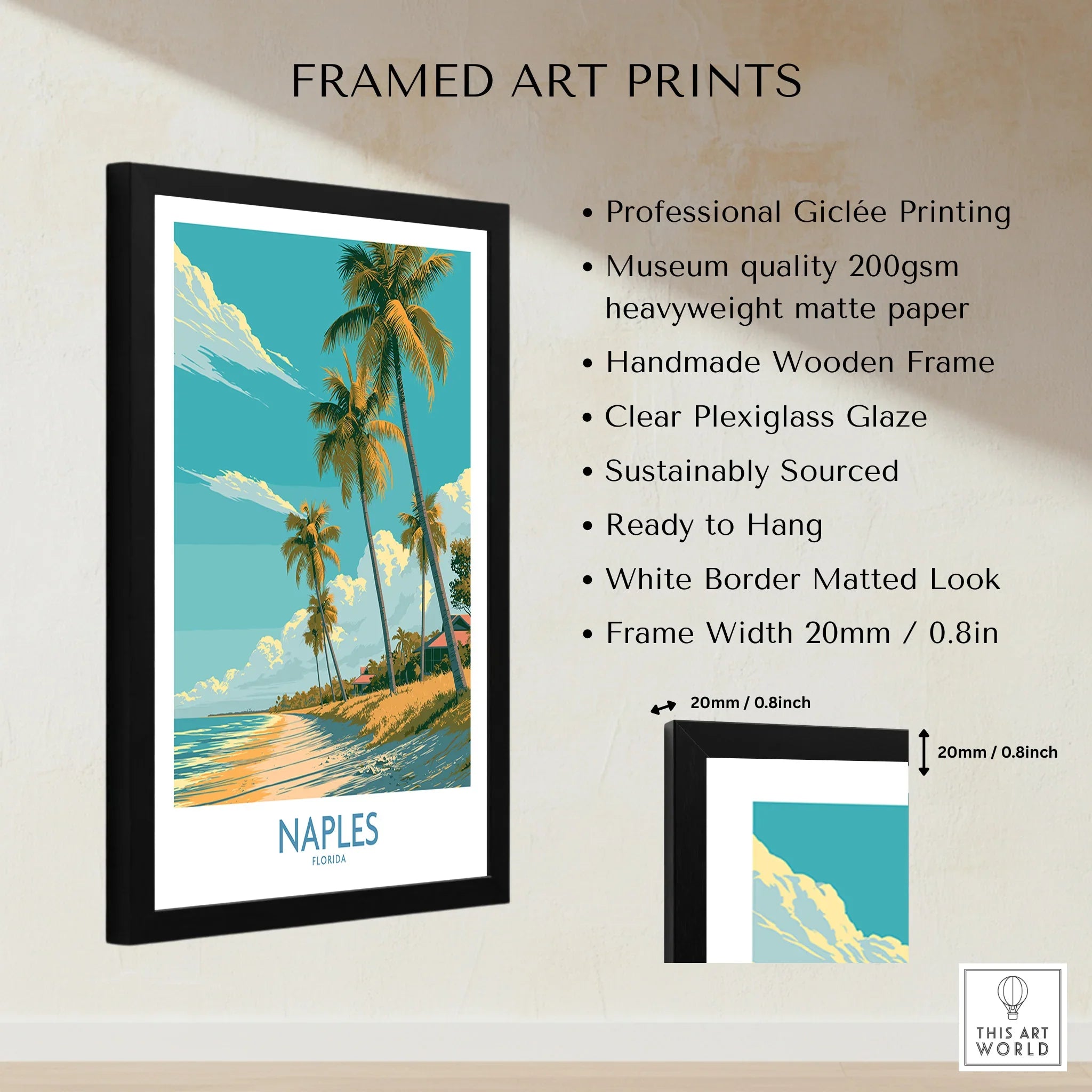 Naples Florida Palms Wall Art — framed print details measurements quality details