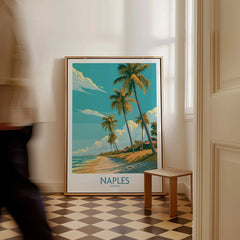 Naples Florida Palms Wall Art — framed canvas on floor man walking past