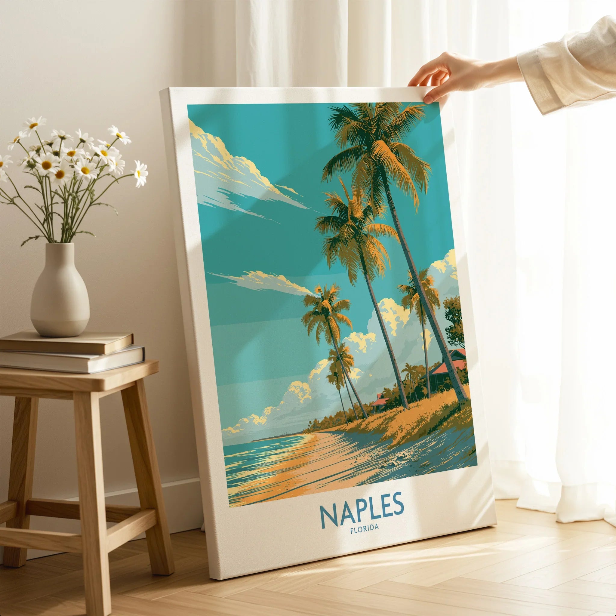 Naples Florida Palms Wall Art — canvas print mirror edge hand holding room setting