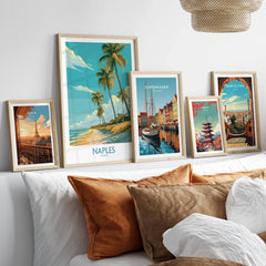 Naples Florida Palms Wall Art — set five framed artprints above bed natural wood frames