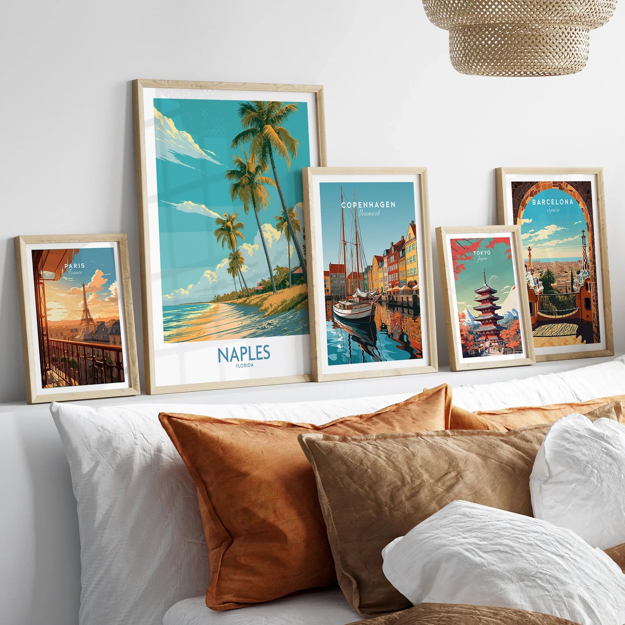 Naples Florida Palms Wall Art — set five framed artprints above bed natural wood frames