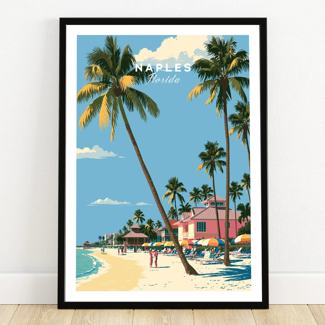 Naples Florida Beachfront Travel Poster — art print in black frame on wooden floor