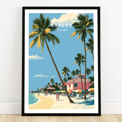 Naples Florida Beachfront Travel Poster — art print in black frame on wooden floor