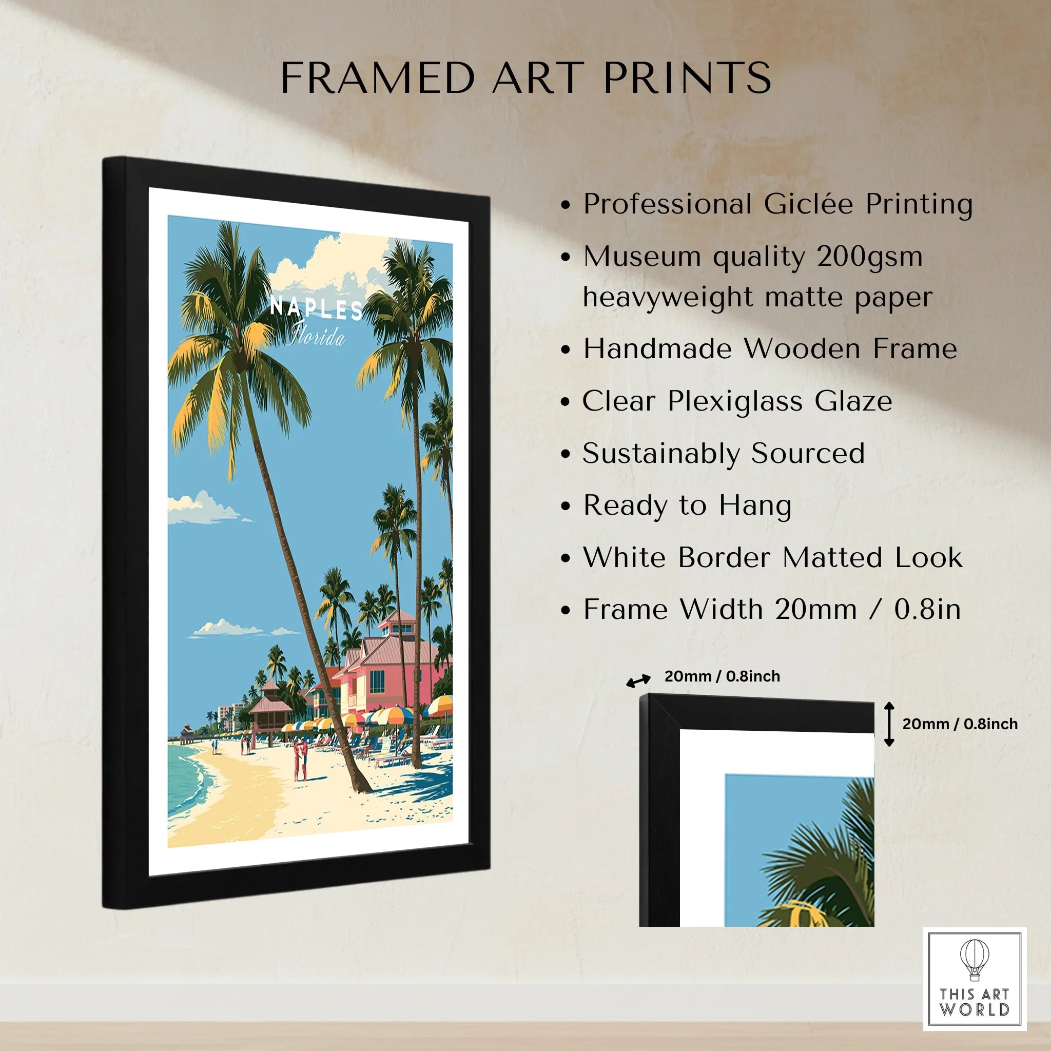Naples Florida Beachfront Travel Poster — framed print details measurements quality details