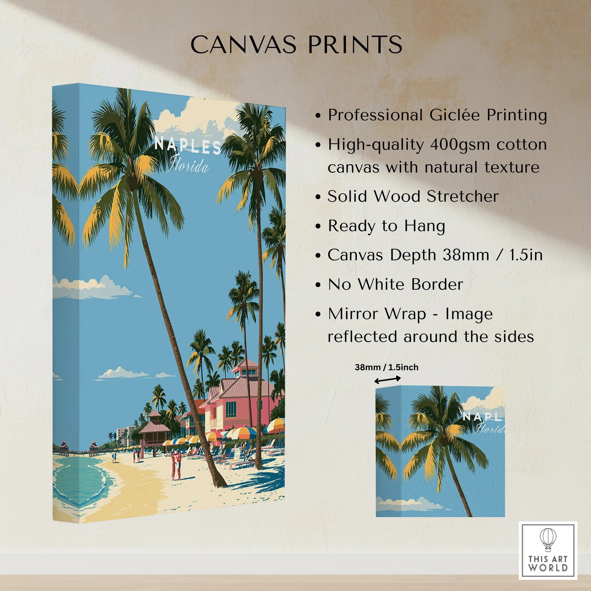Naples Florida Beachfront Travel Poster — canvas print stretched cotton canvas details