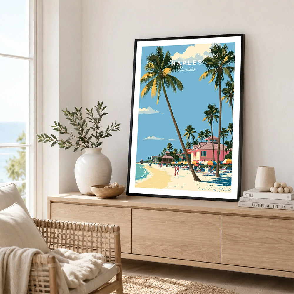 Naples Florida Beachfront Travel Poster — framed artwork living room lifestyle setting