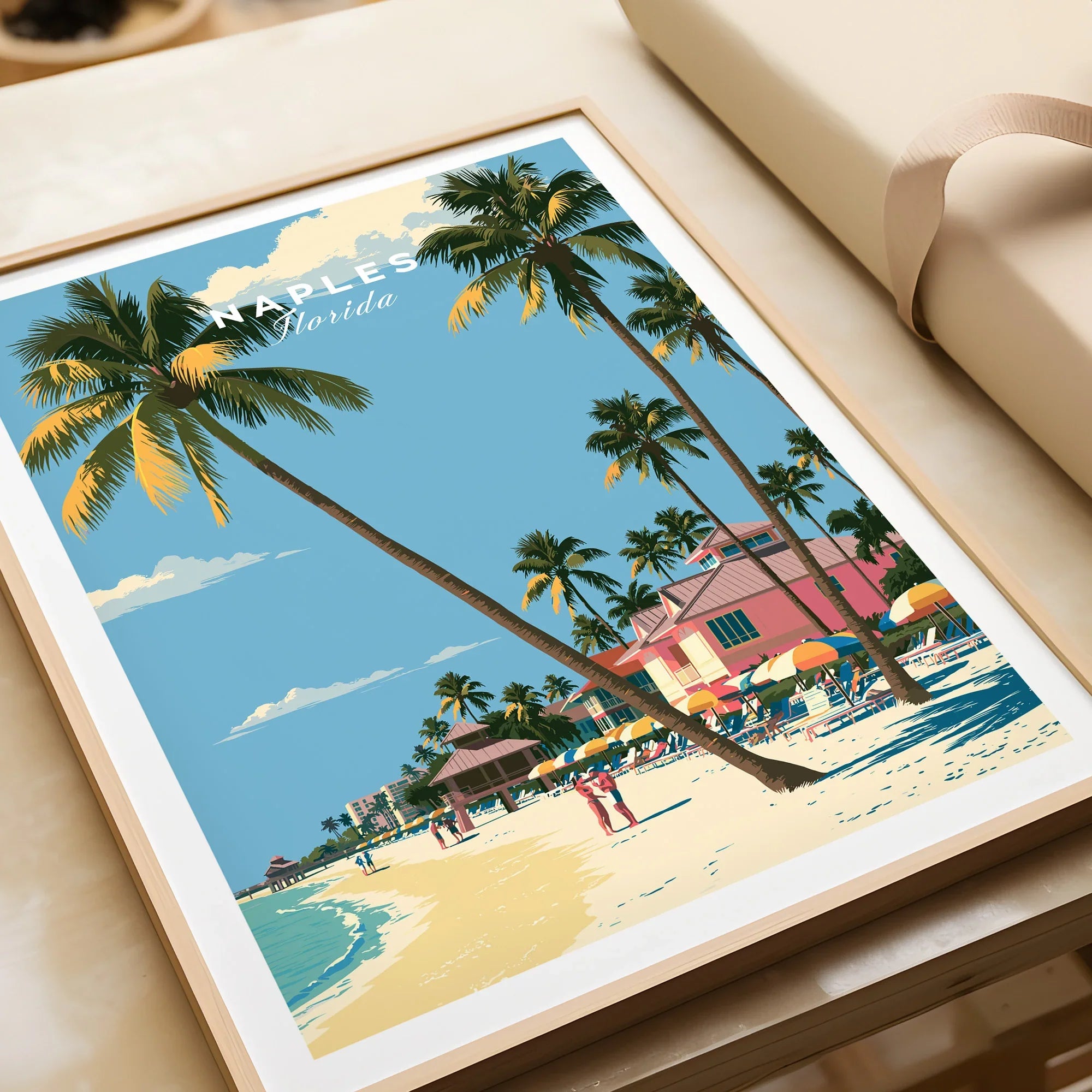 Naples Florida Beachfront Travel Poster — framed art print closeup gift unwrapped natural frame