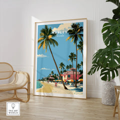Naples Florida Beachfront Travel Poster — large framed print room setting chair plant