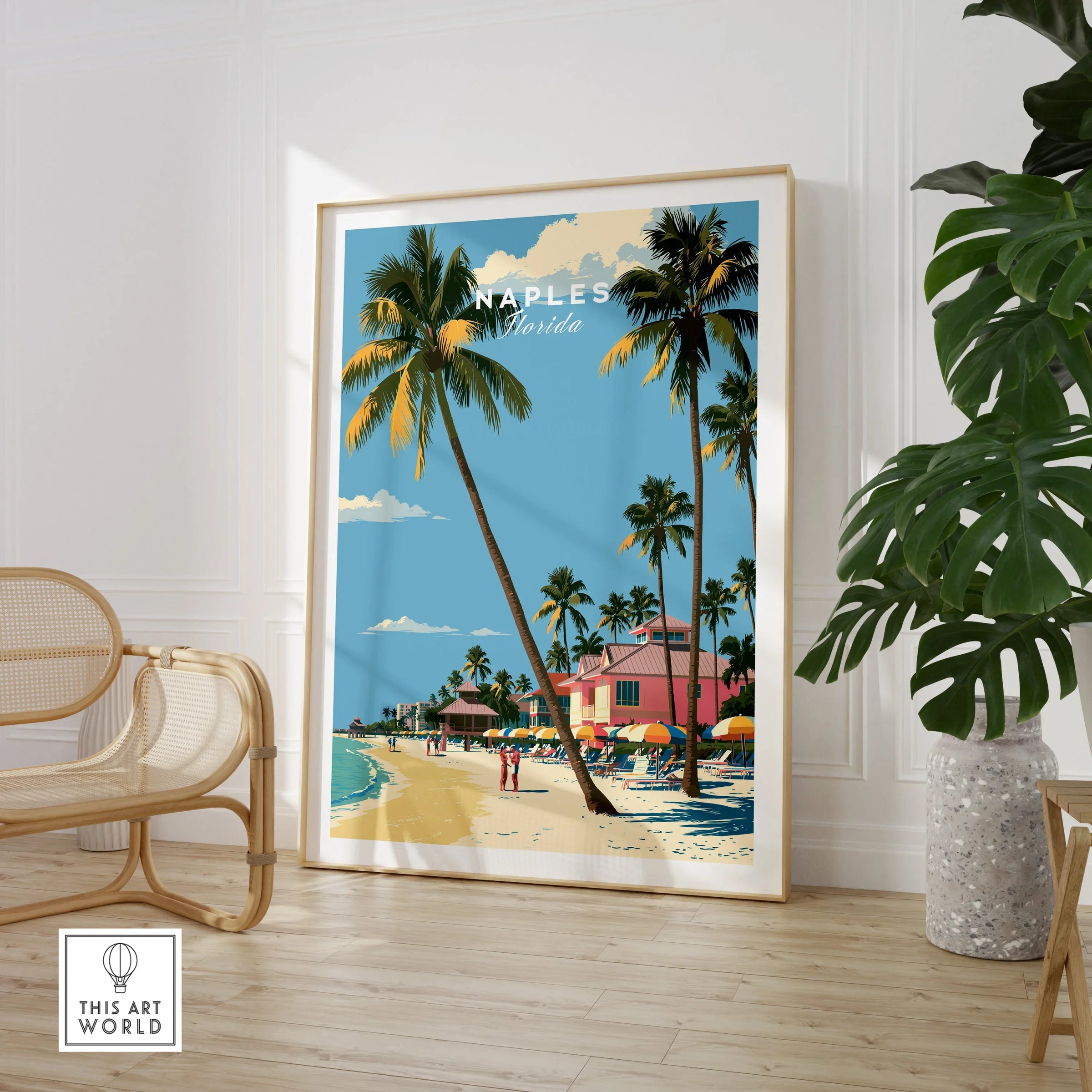 Naples Florida Beachfront Travel Poster — large framed print room setting chair plant