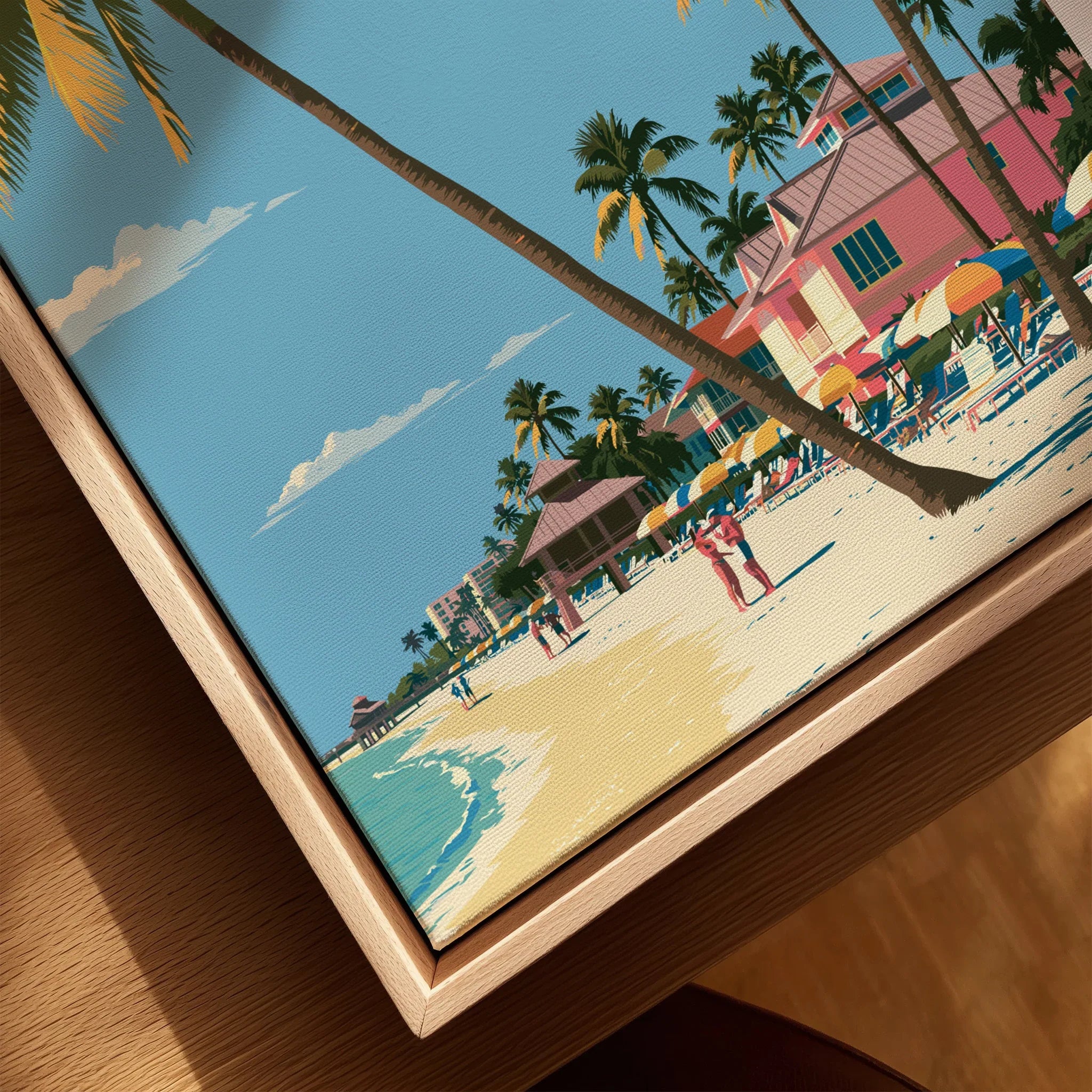 Naples Florida Beachfront Travel Poster — closeup framed canvas natural wood floating frame