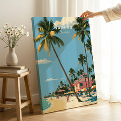 Naples Florida Beachfront Travel Poster — canvas print mirror edge hand holding room setting