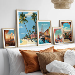 Naples Florida Beachfront Travel Poster — set five framed artprints above bed natural wood frames