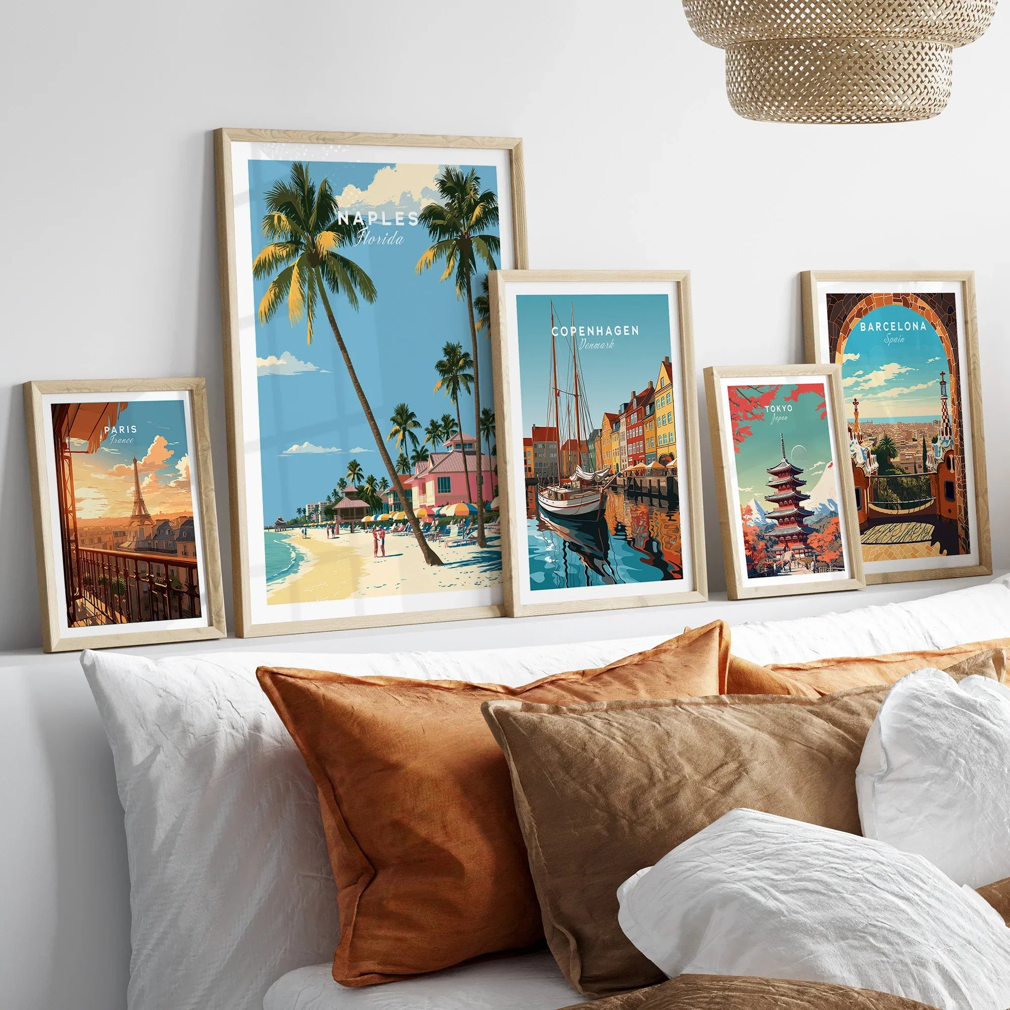 Naples Florida Beachfront Travel Poster — set five framed artprints above bed natural wood frames