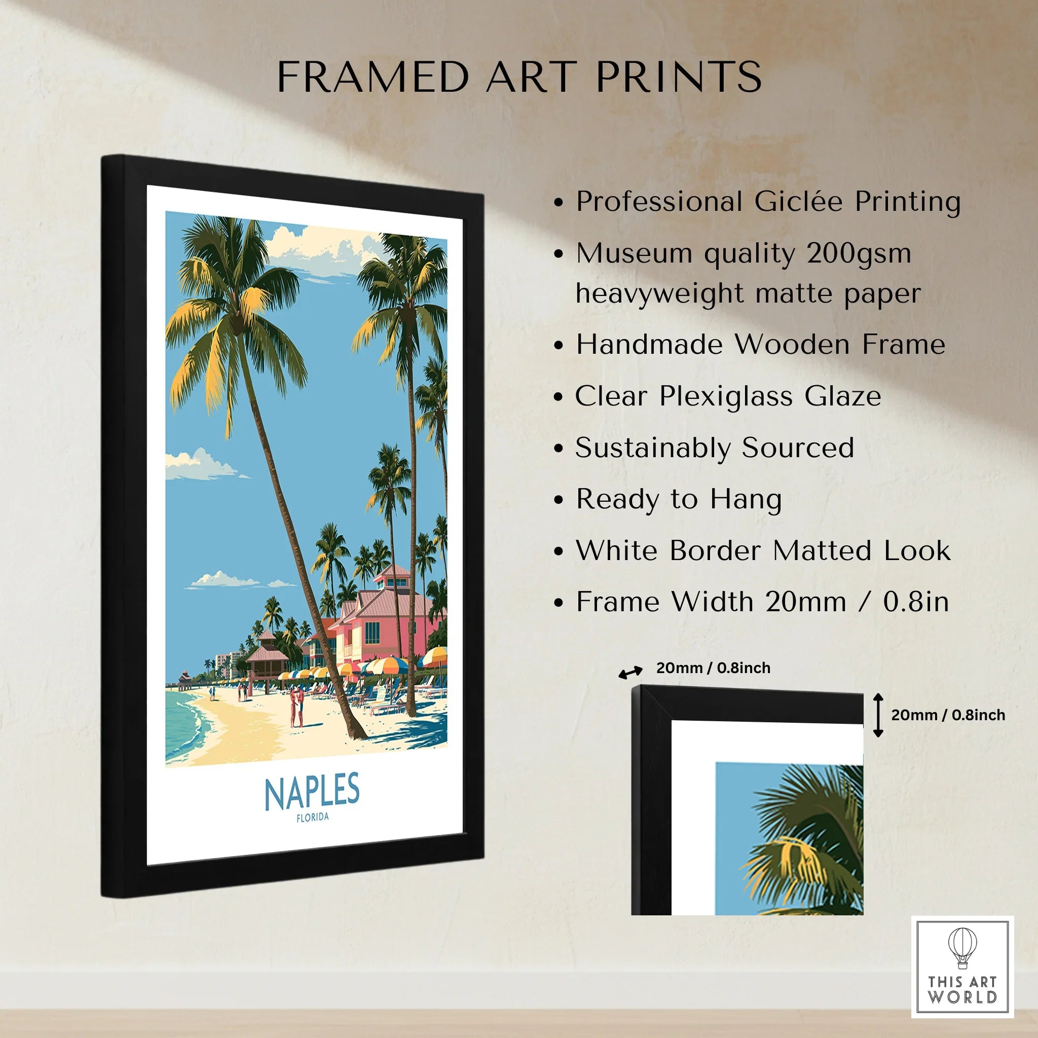 Naples Florida Shore Wall Art — framed print details measurements quality details