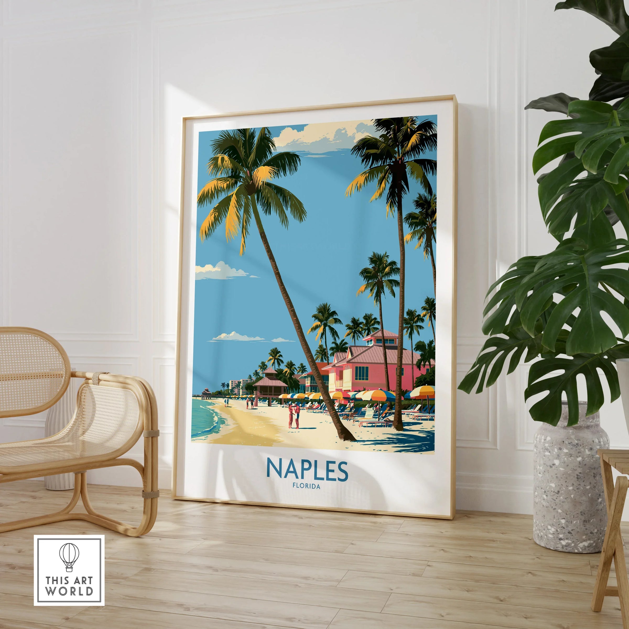 Naples Florida Shore Wall Art — large framed print room setting chair plant