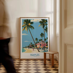Naples Florida Shore Wall Art — framed canvas on floor man walking past