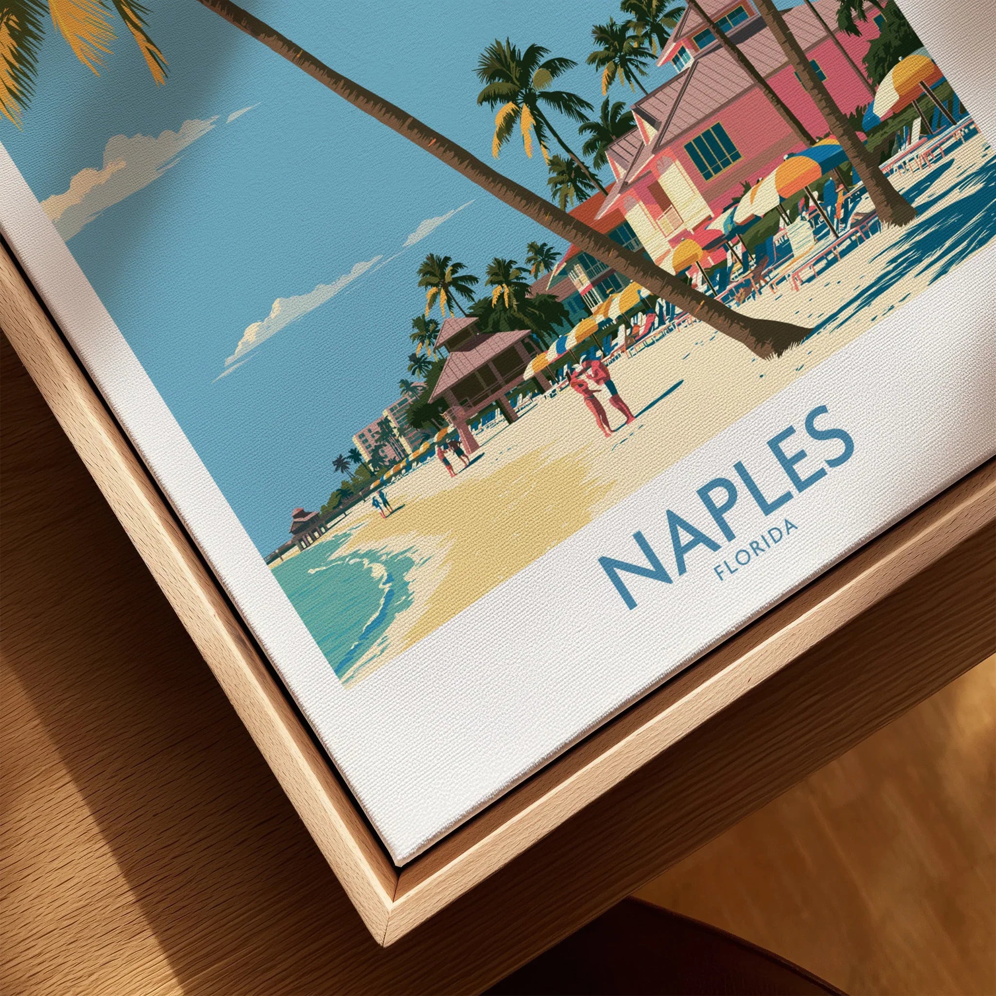 Naples Florida Shore Wall Art — closeup framed canvas natural wood floating frame
