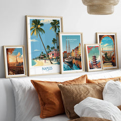 Naples Florida Shore Wall Art — set five framed artprints above bed natural wood frames