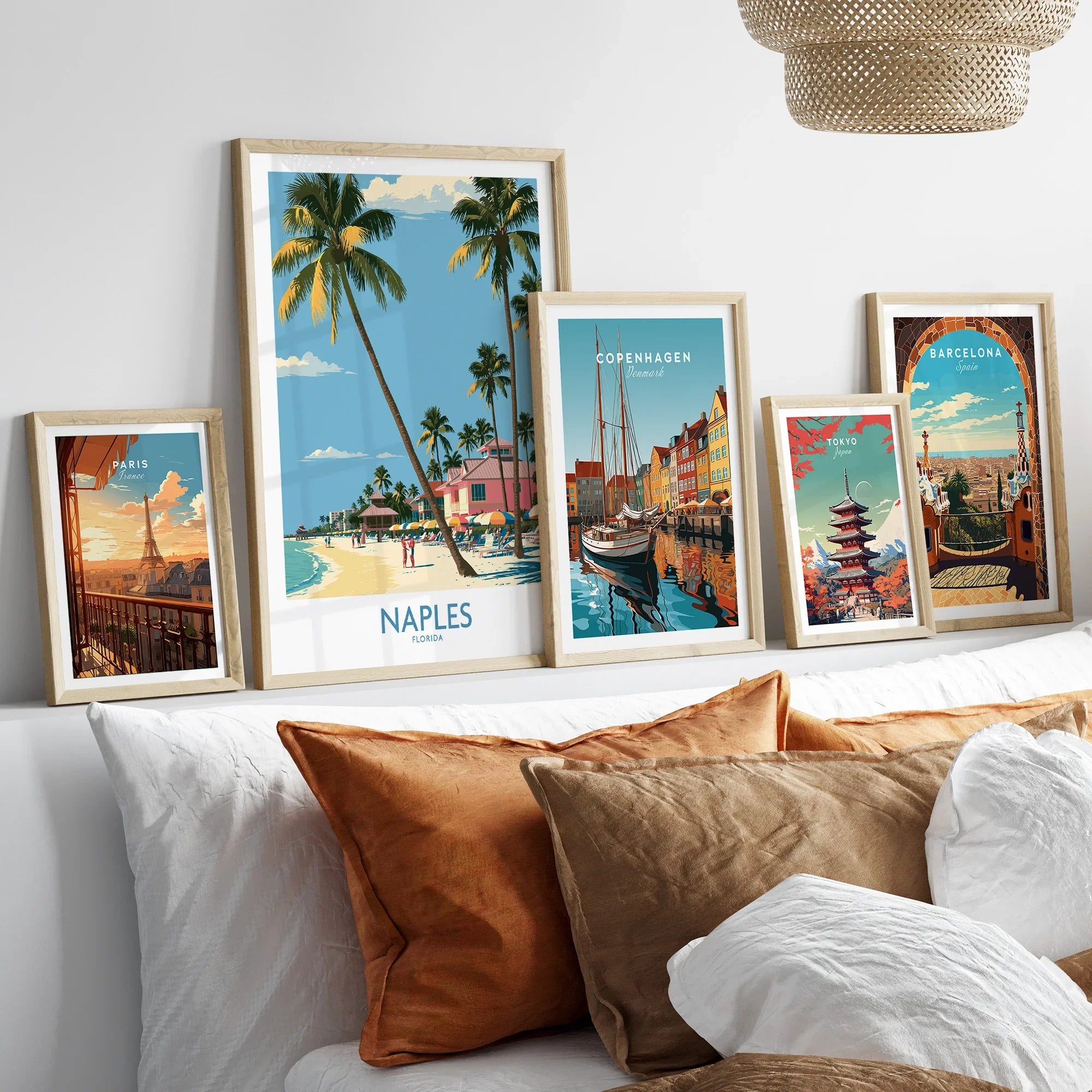 Naples Florida Shore Wall Art — set five framed artprints above bed natural wood frames