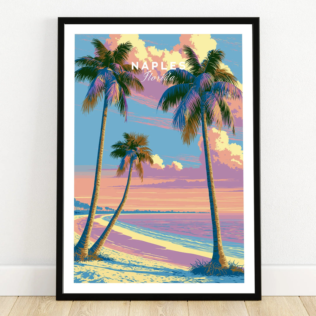 Naples Florida Sunset Travel Poster — art print in black frame on wooden floor