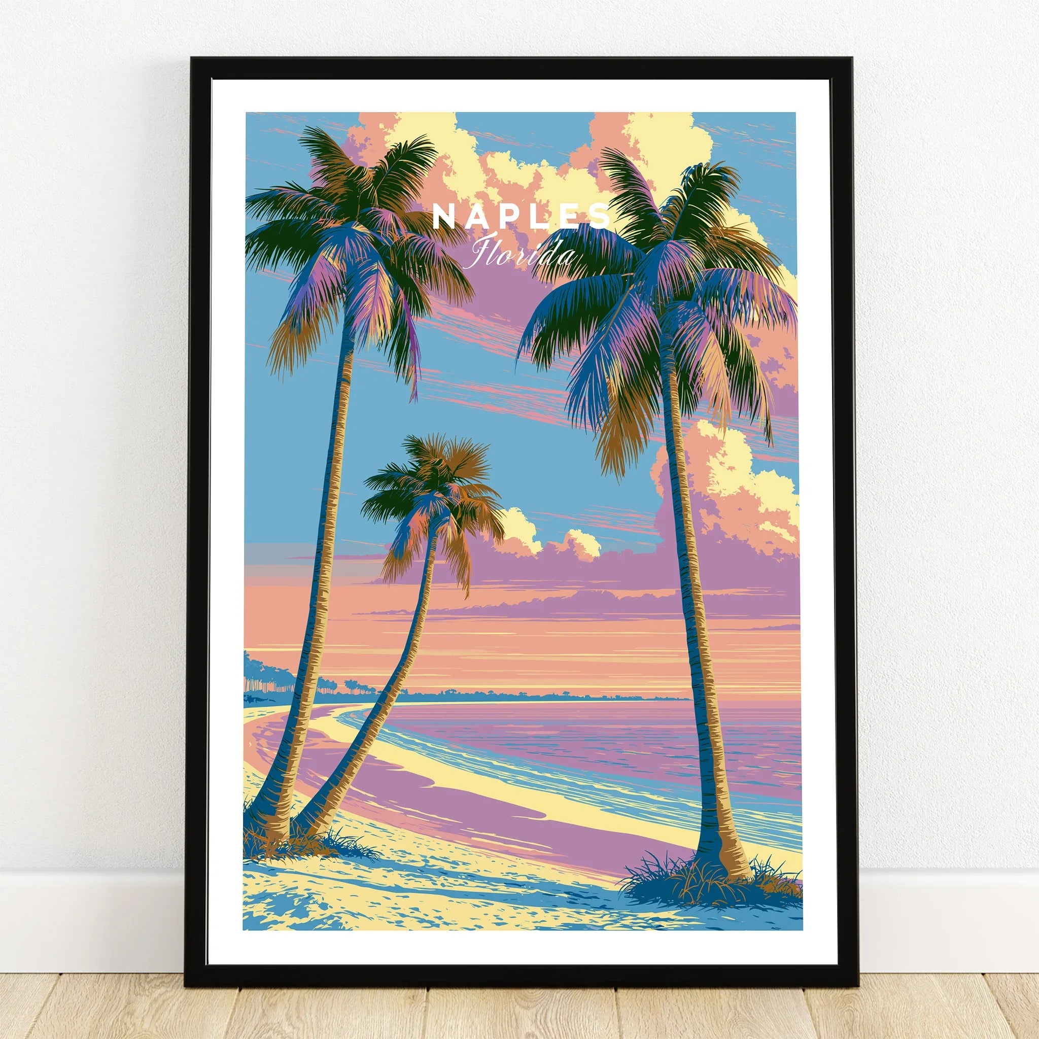 Naples Florida Sunset Travel Poster — art print in black frame on wooden floor