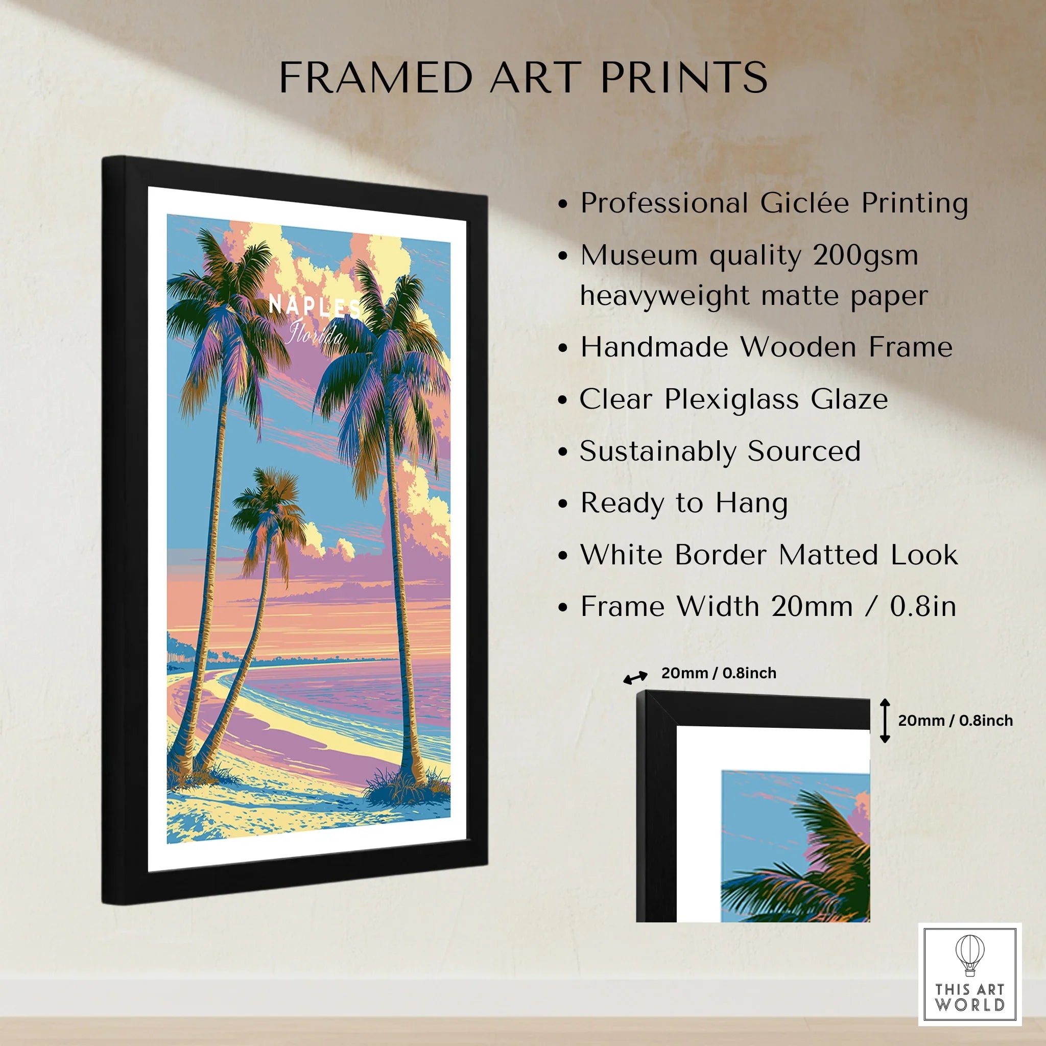 Naples Florida Sunset Travel Poster — framed print details measurements quality details