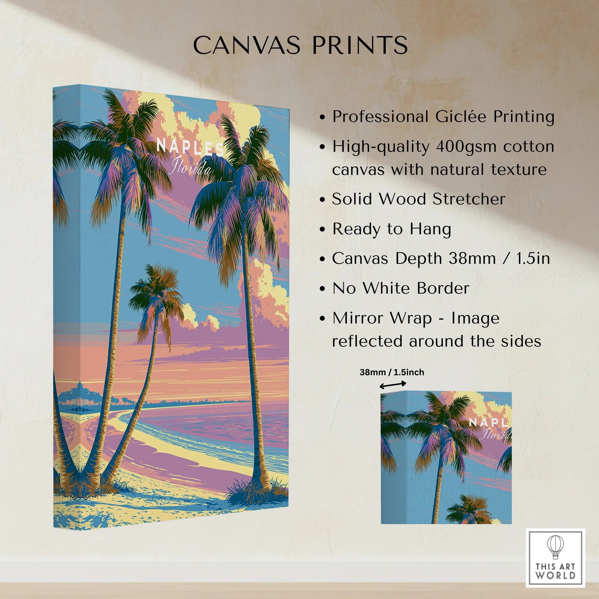 Naples Florida Sunset Travel Poster — canvas print stretched cotton canvas details