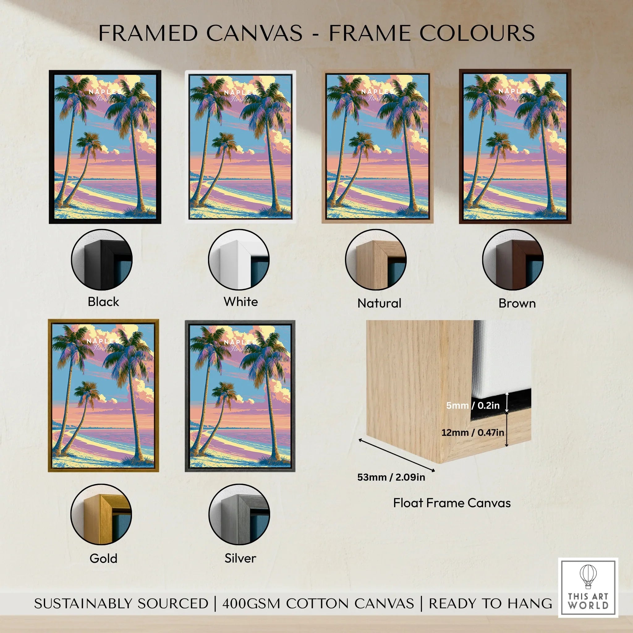 Naples Florida Sunset Travel Poster — framed canvas float frame colour options