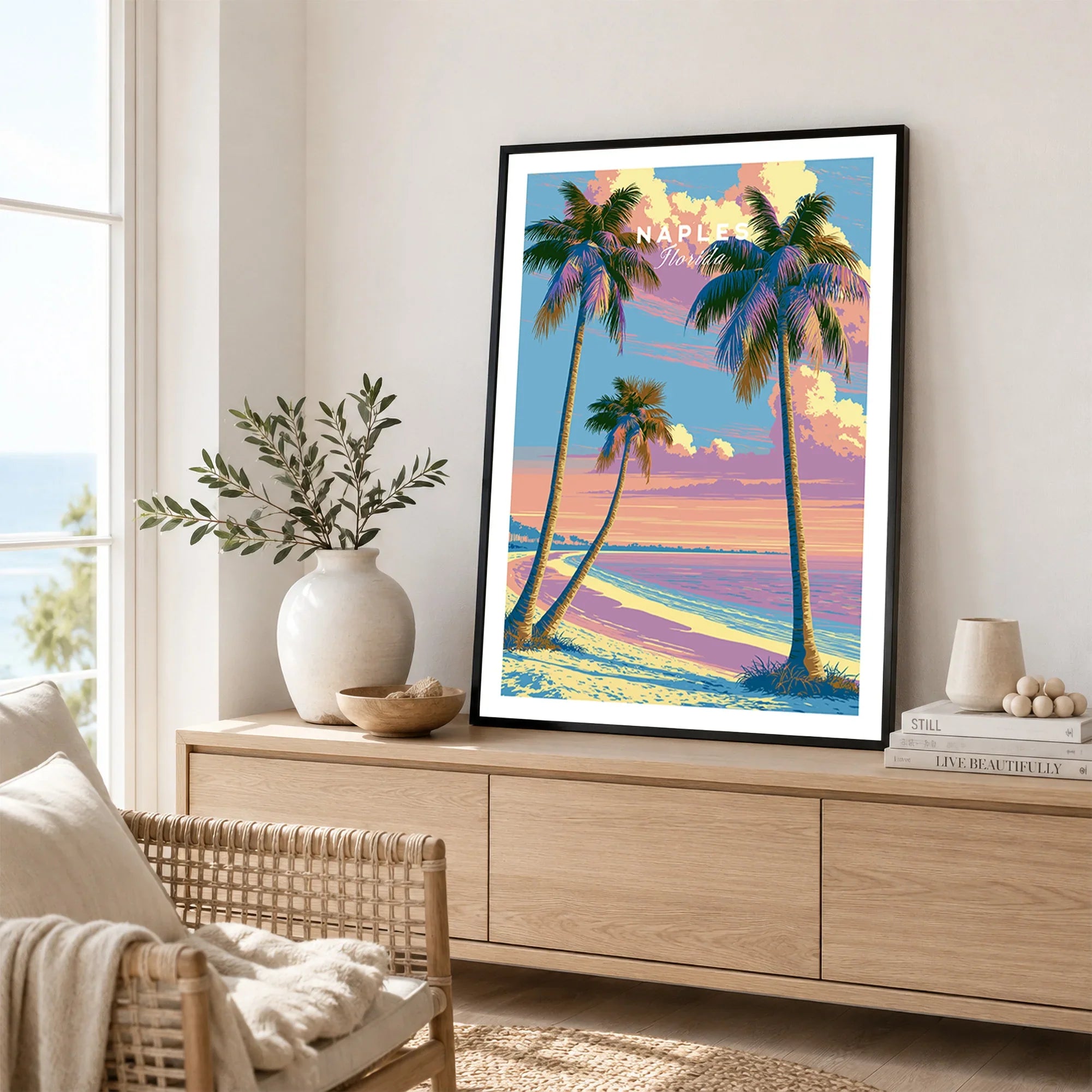 Naples Florida Sunset Travel Poster — framed artwork living room lifestyle setting