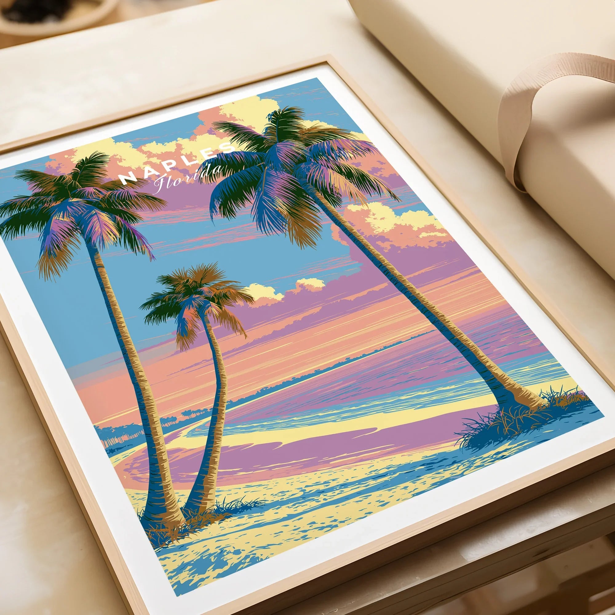 Naples Florida Sunset Travel Poster — framed art print closeup gift unwrapped natural frame