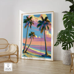 Naples Florida Sunset Travel Poster — large framed print room setting chair plant