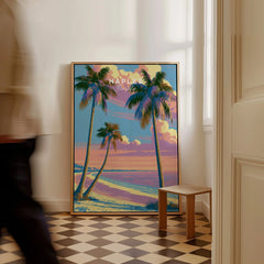 Naples Florida Sunset Travel Poster — framed canvas on floor man walking past