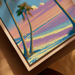 Naples Florida Sunset Travel Poster — closeup framed canvas natural wood floating frame