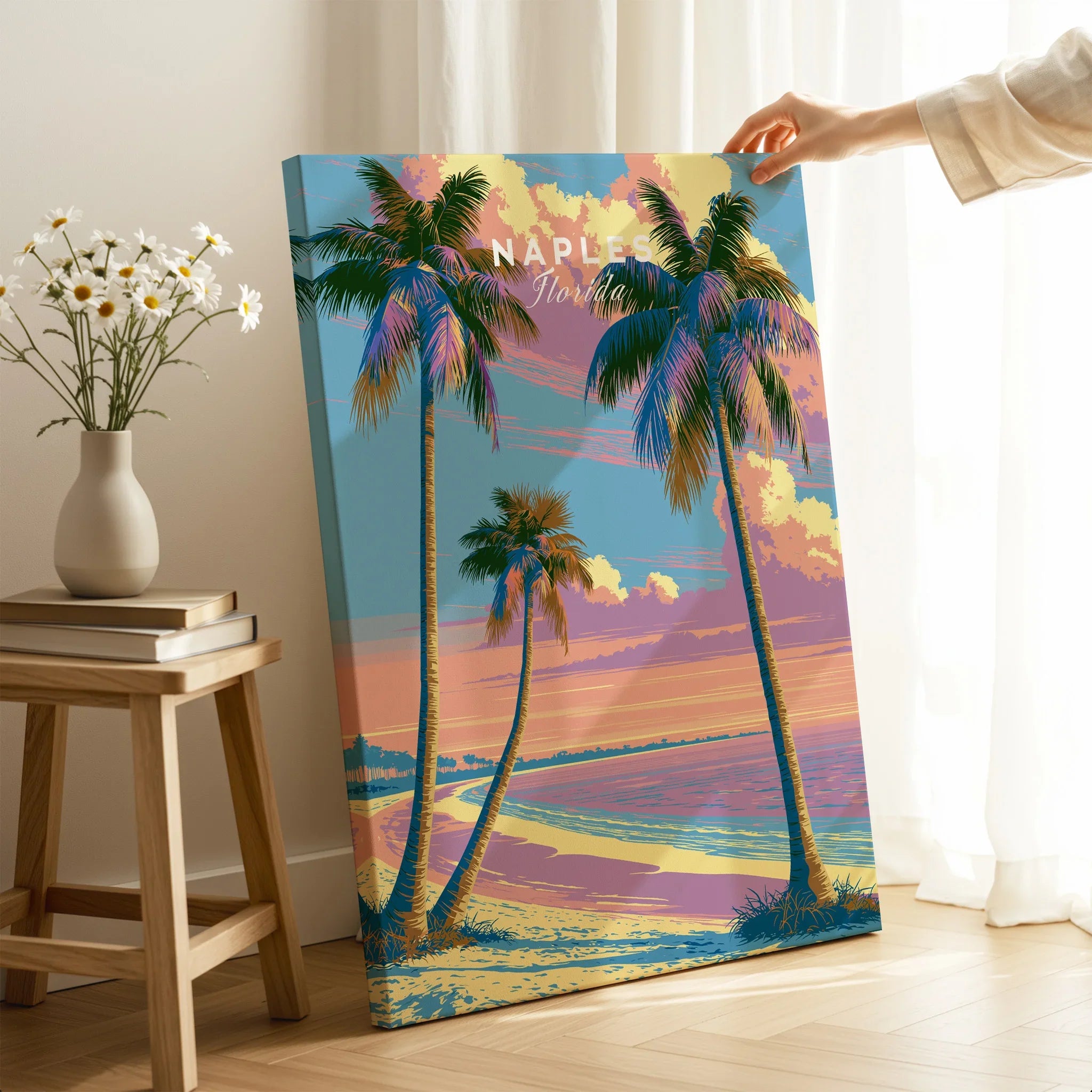 Naples Florida Sunset Travel Poster — canvas print mirror edge hand holding room setting